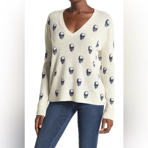 Skull Cashmere Sweater Women Medium V-Neck Skull Print Pullover Relaxed Fit - Picture 13 of 13